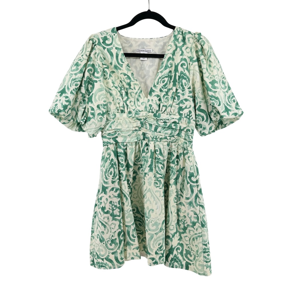 Christian Lacroix Dress Damask Puff Sleeve 6 Green Womens Linen Mini Summer Chic